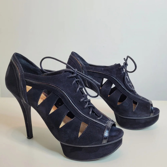 Gianna Bini Aileena Black Platform Peep Toe Bootie Size Women's 7.5 with Box - Picture 1 of 13